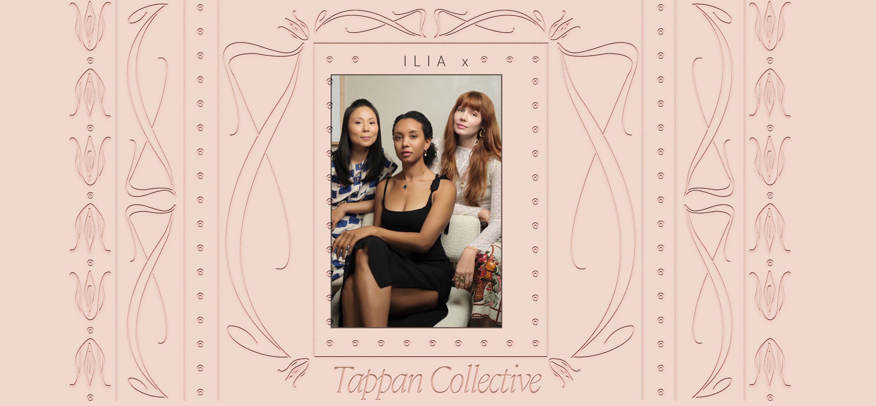 Tappan Collective artists pose together against a backdrop with intricate linework and ILIA branding.