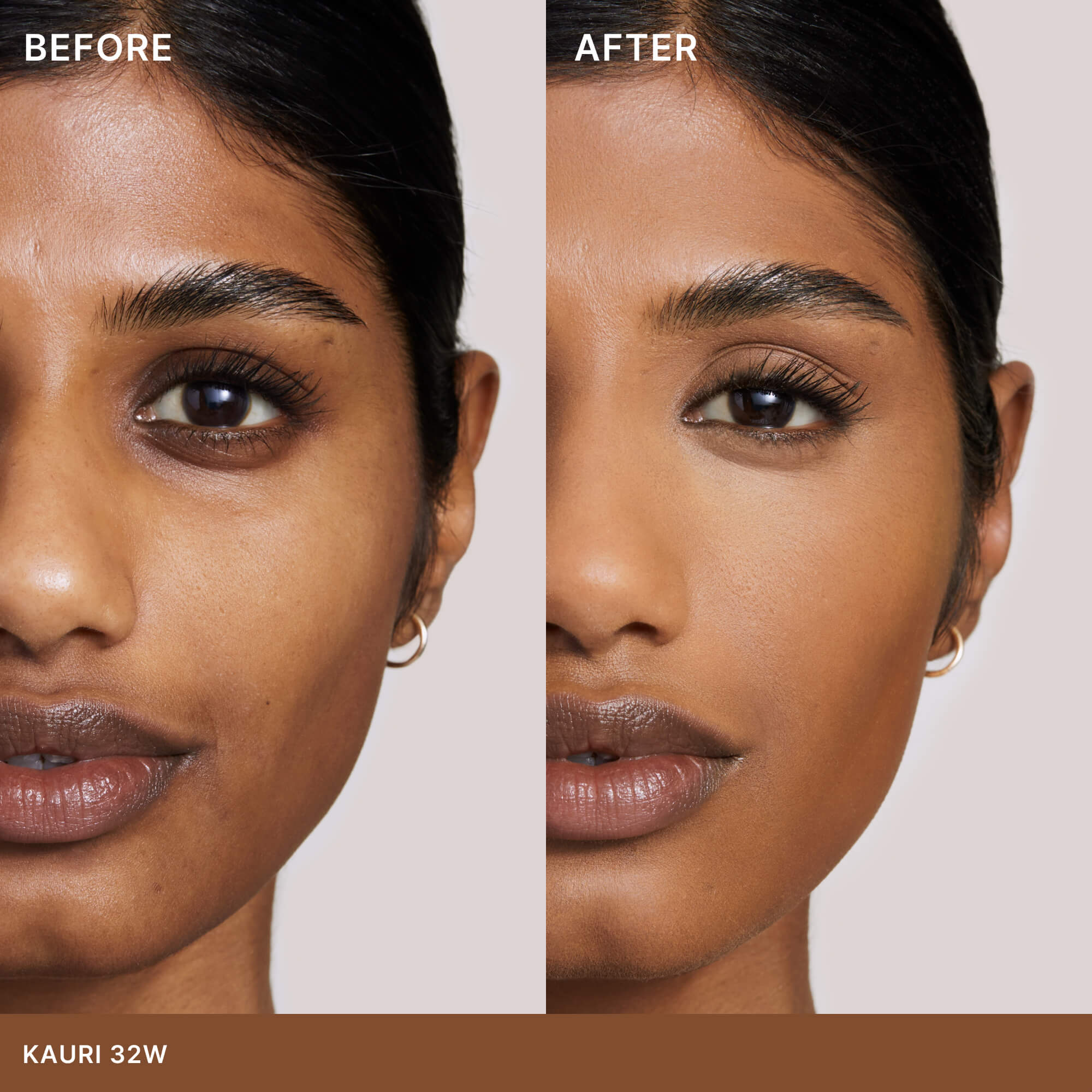 Side-by-side before and after of a model wearing ILIA's Skin Rewind Complexion Stick in Kauri 32W.
