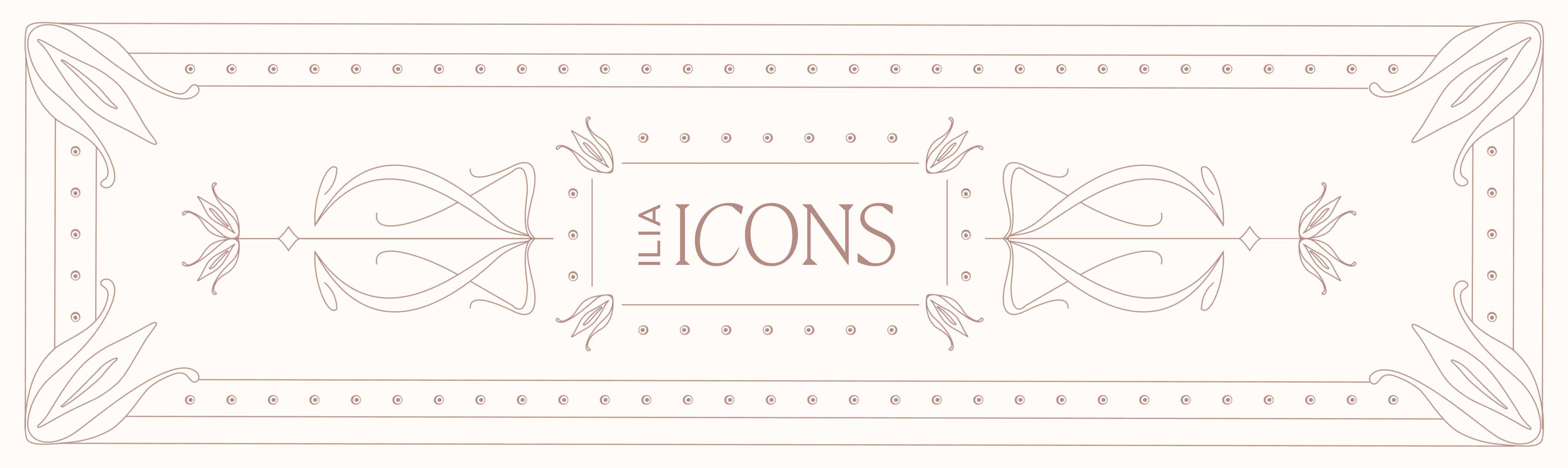 Elegant ILIA icons branding with intricate line work and a soft, neutral color palette.